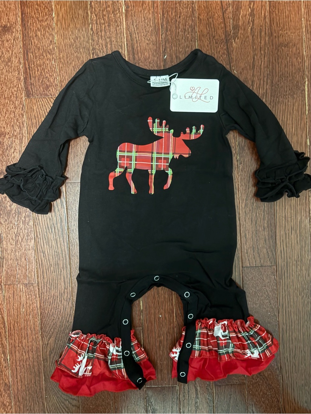 Ann Loren Black One-Piece Romper with Red Plaid Moose